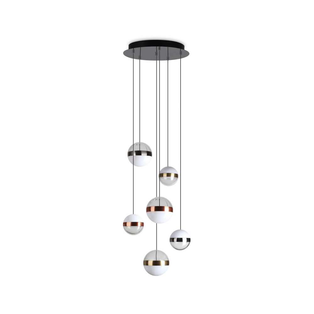 Пендел Ideal Lux Galaxy SP6 321172 с 6 акрилни сфери и метални пояси в никел месинг и мед