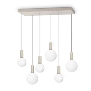 LED пендел Ideal Lux Odeon SP6 Linear 349220 с шест бели сфери, окачени на различни височини, сиви метални държачи и правоъгълна розетка