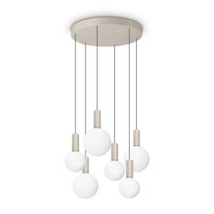 LED пендел Ideal Lux Odeon SP6 Round 349237 с кръгла таванна розетка и шест бели стъклени сфери