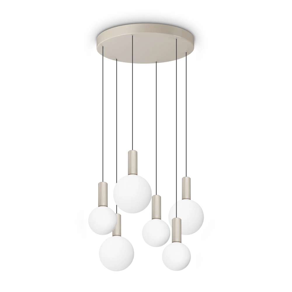 LED пендел Ideal Lux Odeon SP6 Round 349237 с кръгла таванна розетка и шест бели стъклени сфери