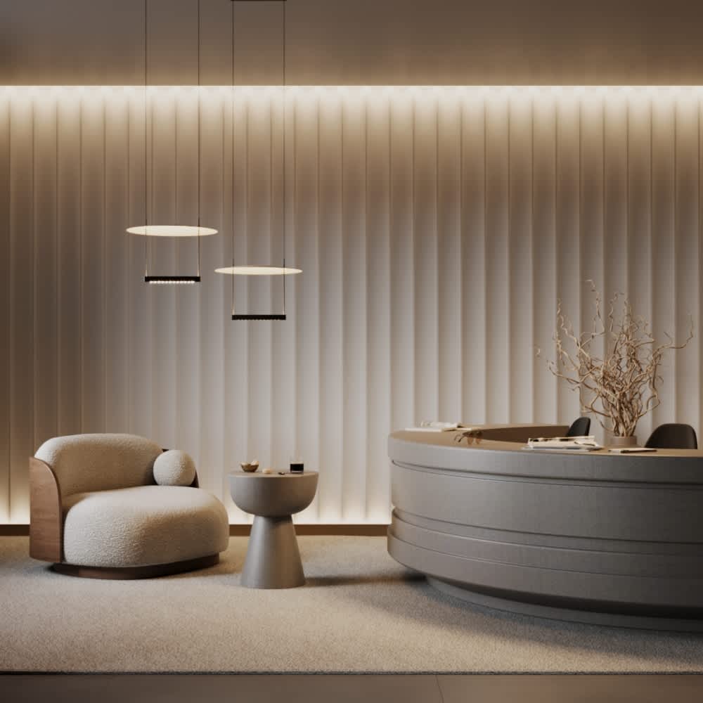 Пендели Maytoni Ambience, включително модел MOD280PL-L23B3K1, в интериор с кресло и рецепция