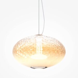 LED пендел Maytoni Bruma MOD397PL-L12CH2.7K с сплеснат овален абажур от бяло релефно стъкло и хромирани елементи