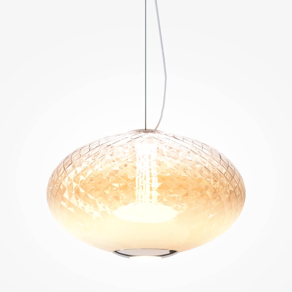 LED пендел Maytoni Bruma MOD397PL-L12CH2.7K с сплеснат овален абажур от бяло релефно стъкло и хромирани елементи