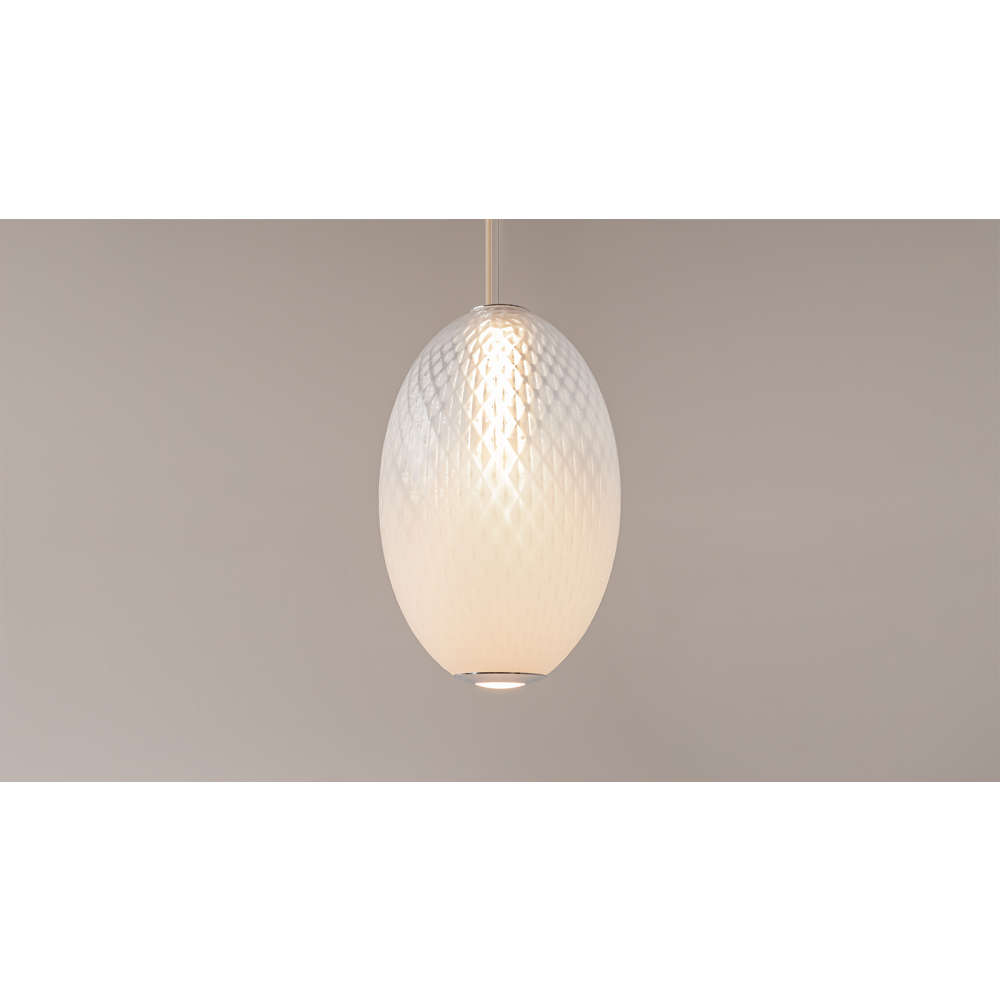 LED пендел Maytoni Bruma MOD397PL-L19CH2.7K с издължен овален абажур от бяло релефно стъкло и хромирани елементи