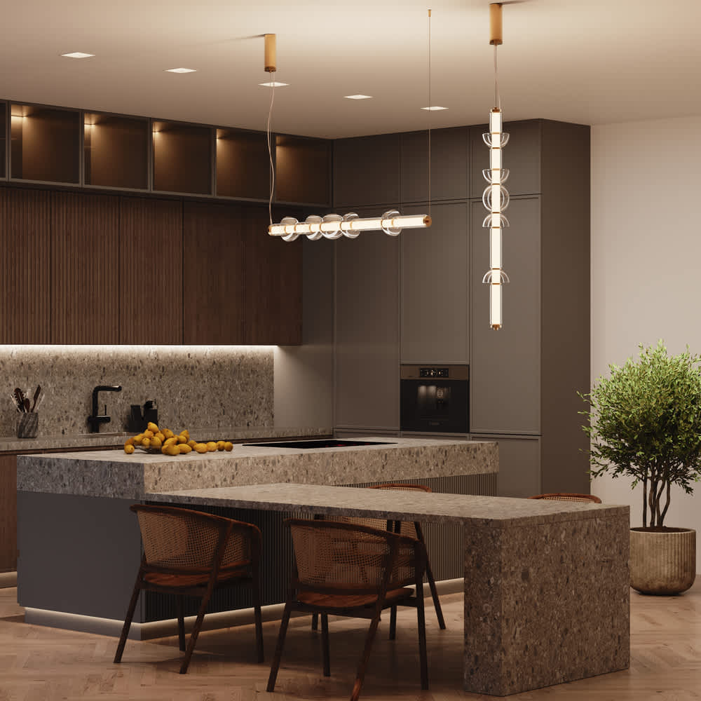 Два месингови LED пендела Maytoni Cosmo MOD210PL-L39BS3K с хоризонтално и вертикално окачване над кухненски остров