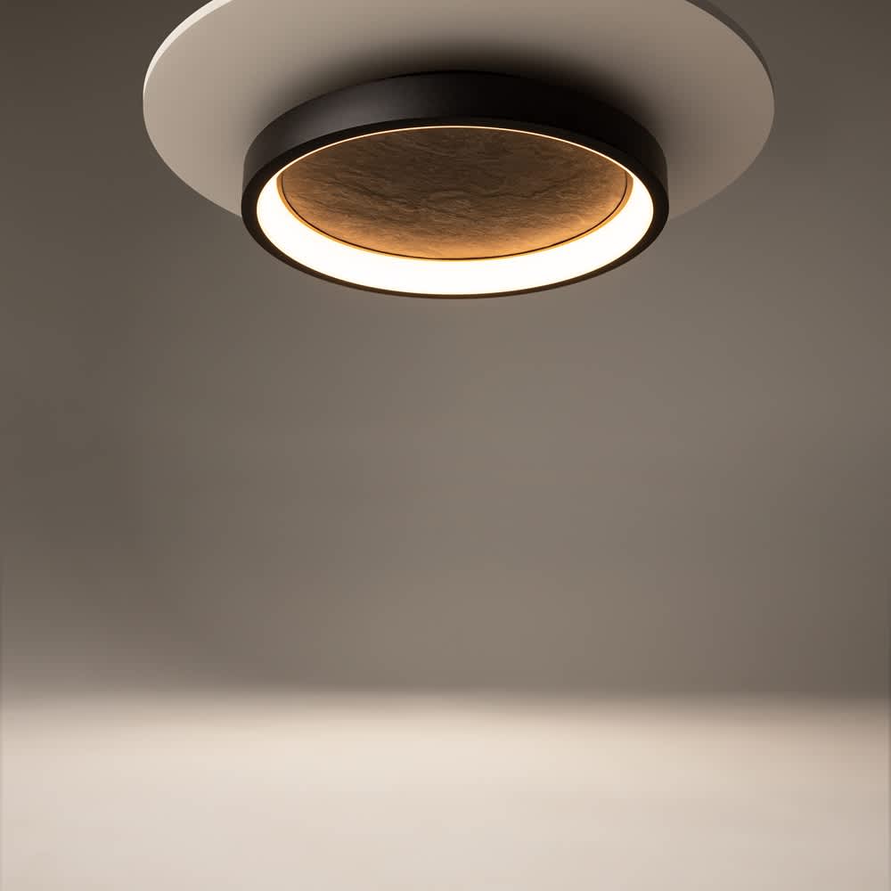 Кръглото тяло, каменният панел и светещият контур на Maytoni Orign MOD311CL-L27B3K