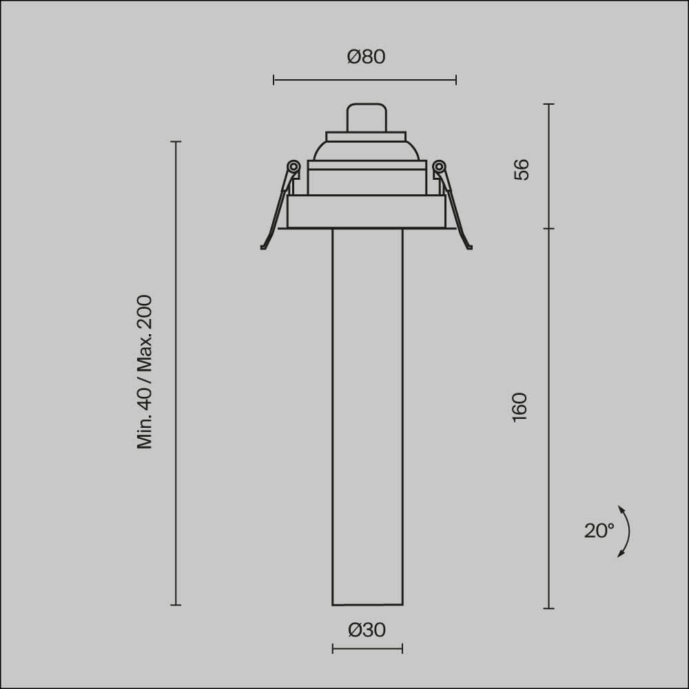LED спот за вграждане Maytoni Focus T C140RS-L200-7W3K-B, черен, схема с размери, диапазон на изтегляне и наклон 20°