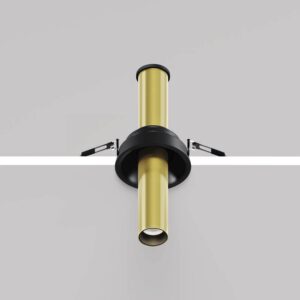 Maytoni Focus T C140RS-L200-7W3K-BBS - изглед на изтеглянето и пружинния монтаж LED спот за вграждане Maytoni Focus T C140RS-L200-7W3K-BBS, черен и месинг, изглед на изтеглянето и пружинния монтаж