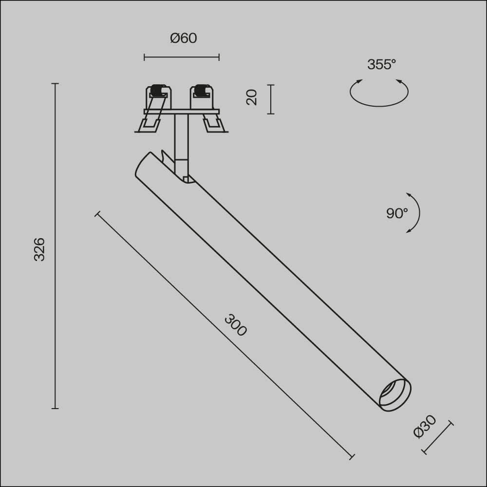 LED спот за вграждане Maytoni Focus T C141RS-L300-6W3K-B, черен, схема с размери, наклон 90° и ротация 355°