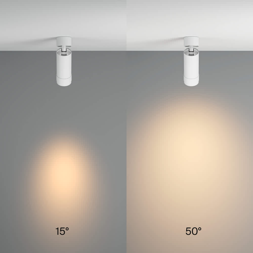 LED спот за повърхностен монтаж Maytoni Focus Zoom C055CL-L12W3K-Z-W 12W 3000K Ø5,6 см бял - студийно сравнение на светлинния сноп при 15° и 50°
