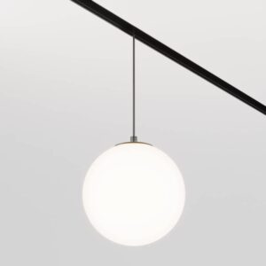 SMART LED пендел със стъклена сфера Maytoni Exility Luna TR039-4-5W3K-WW-DS-1, с черен адаптер, общ изглед върху релсата