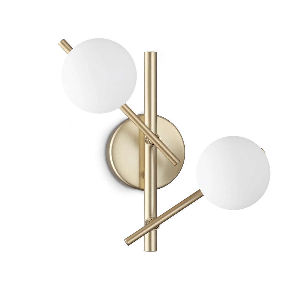 Аплик Ideal Lux Atlas AP2 ORO 365084 с златист цвят на металните рамена и 2 бели стъклени сфери