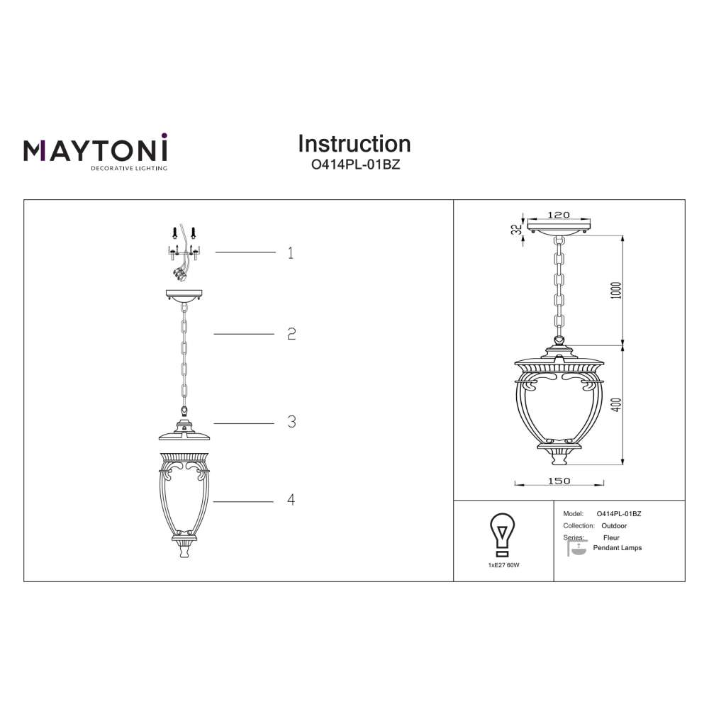Външен пендел Maytoni Fleur O414PL-01BZ, монтажна и размерна схема