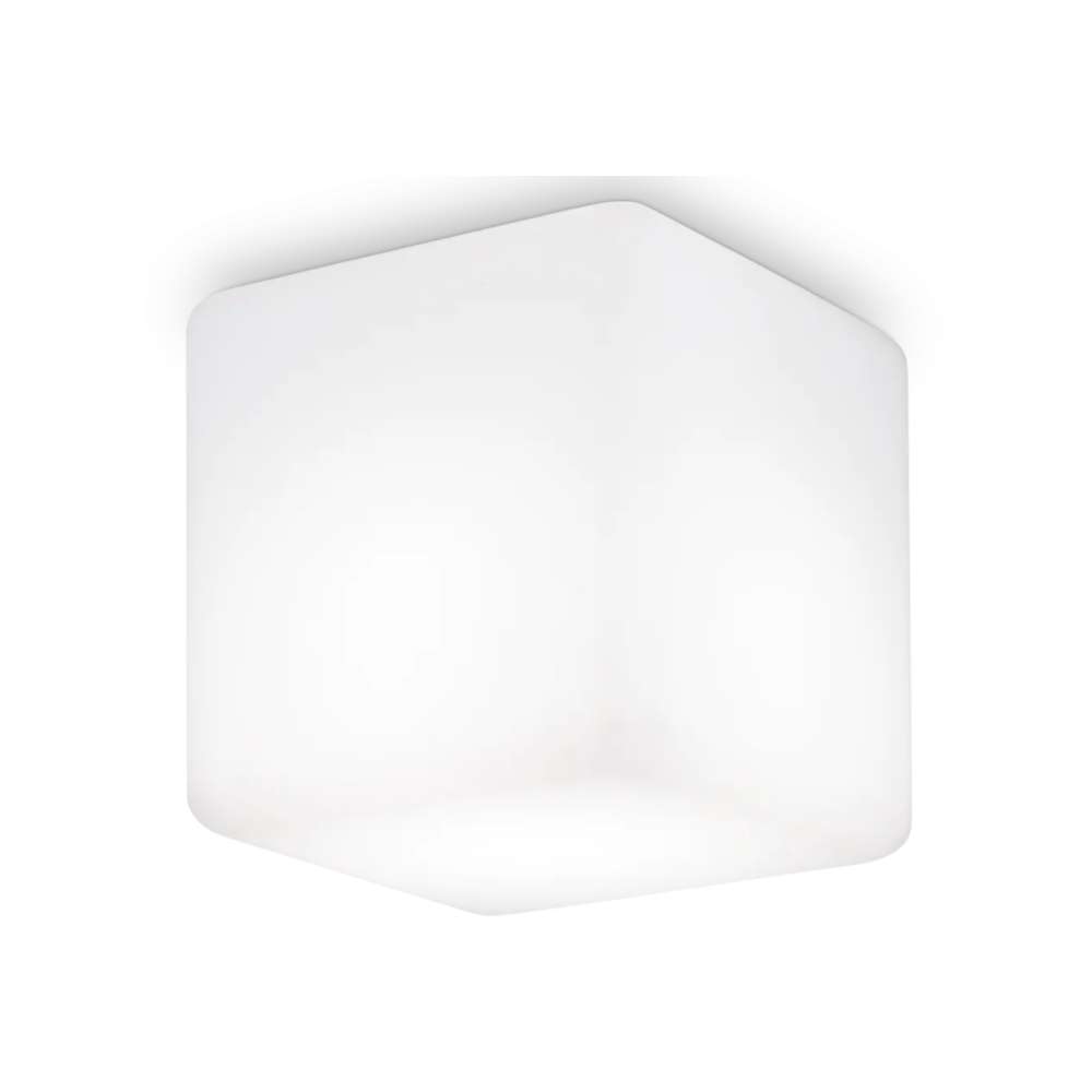 Бял външен плафон Ideal Lux Luna PL1 D11 213200 с кубичен опален дифузер 11 х 11 см и монтажна основа за таван