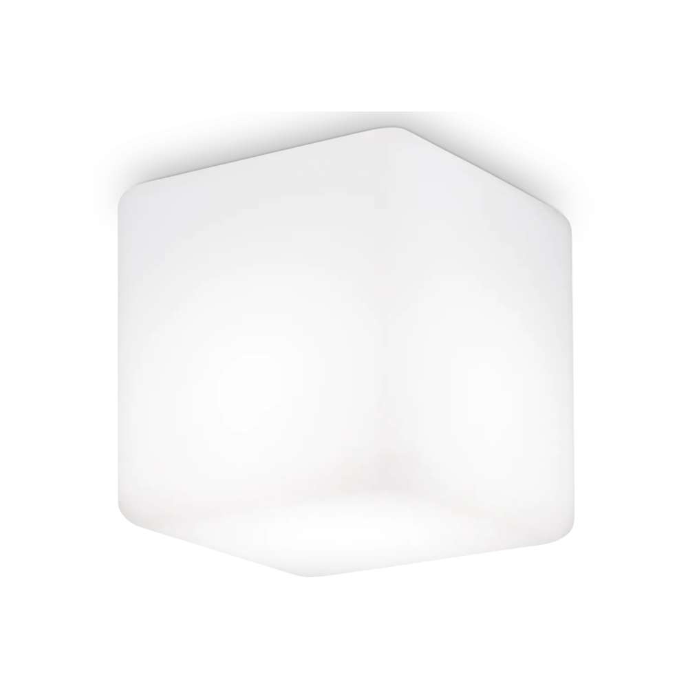 Бял външен плафон Ideal Lux Luna PL1 D20 213194 с кубичен опален дифузер 20 х 20 см и монтажна основа за таван