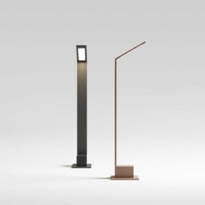Две градински лампи Ideal Lux Agos H60 в антрацит и кафяво, показани отпред и отстрани