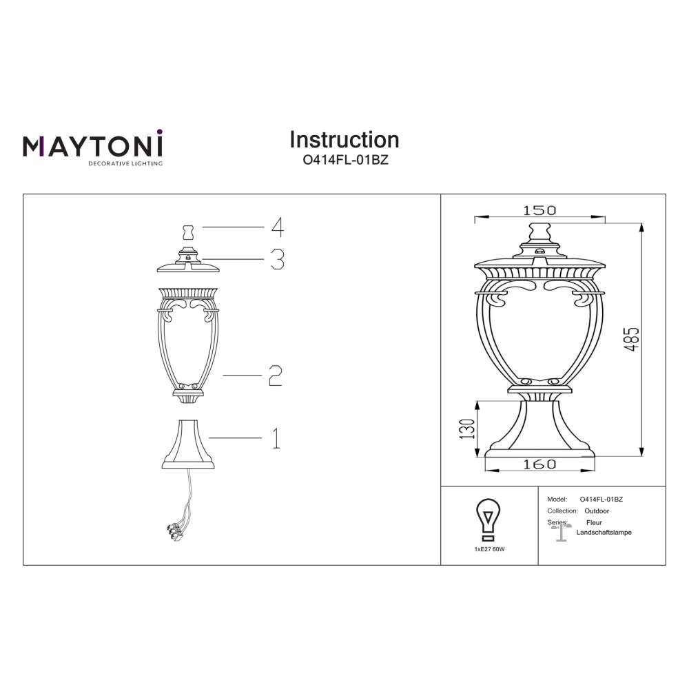 Градинска лампа Maytoni Fleur O414FL-01BZ, монтажна и размерна схема