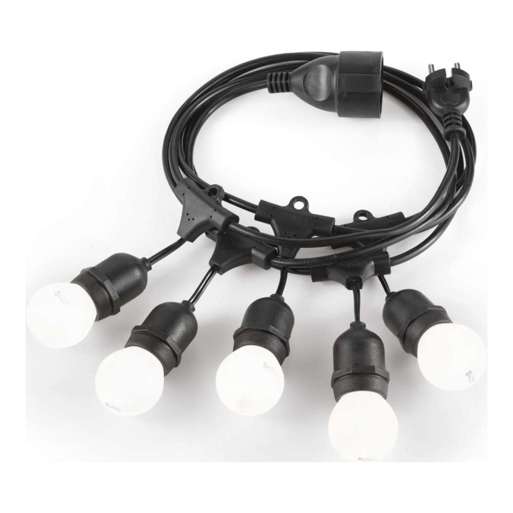Черен градински гирлянд Ideal Lux Fiesta SP05 159836 с щепсел и букса за удължаване, показан с пет крушки, които се купуват отделно