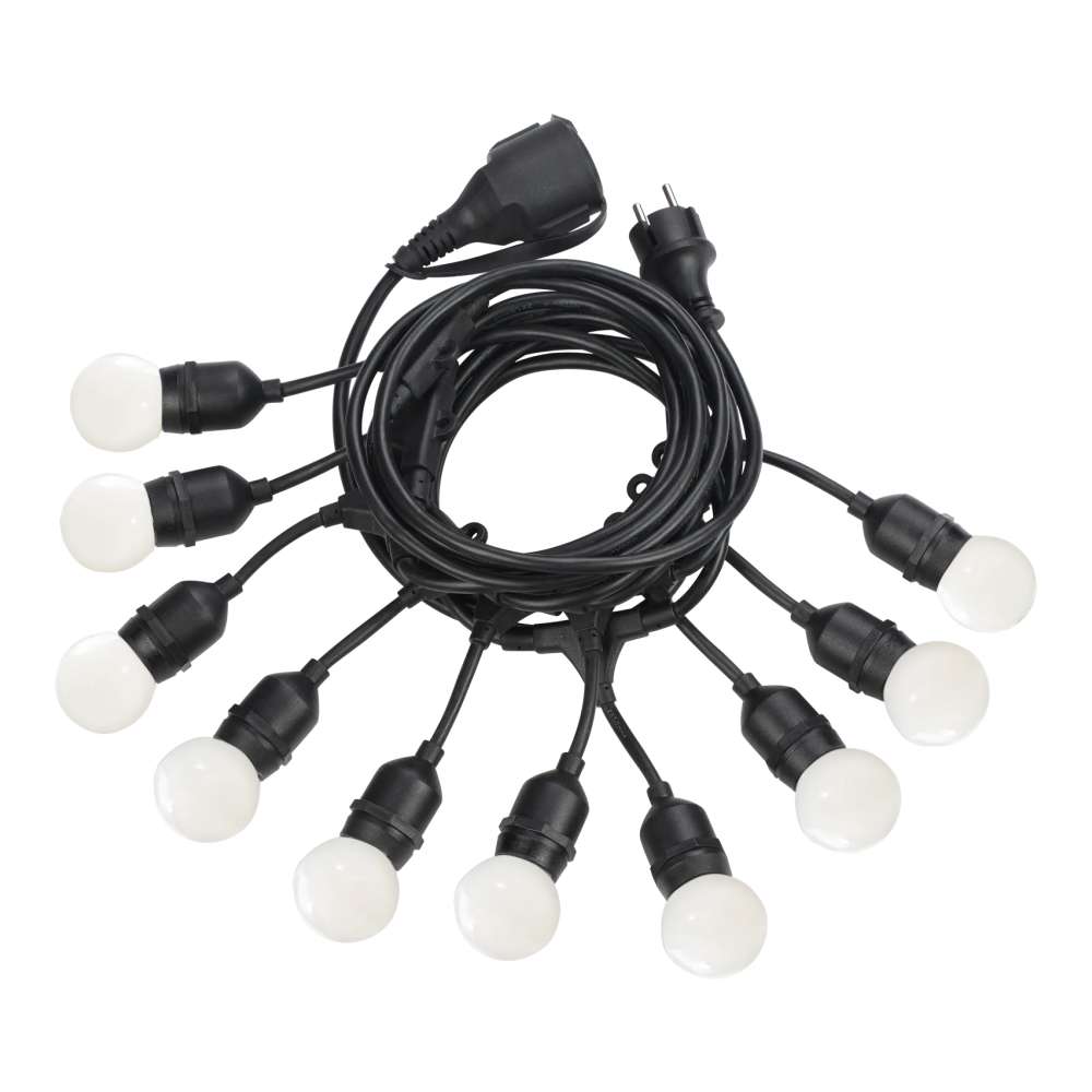 Черен градински гирлянд Ideal Lux Fiesta SP10 246796 с щепсел и букса за удължаване, показан с десет крушки, които се купуват отделно