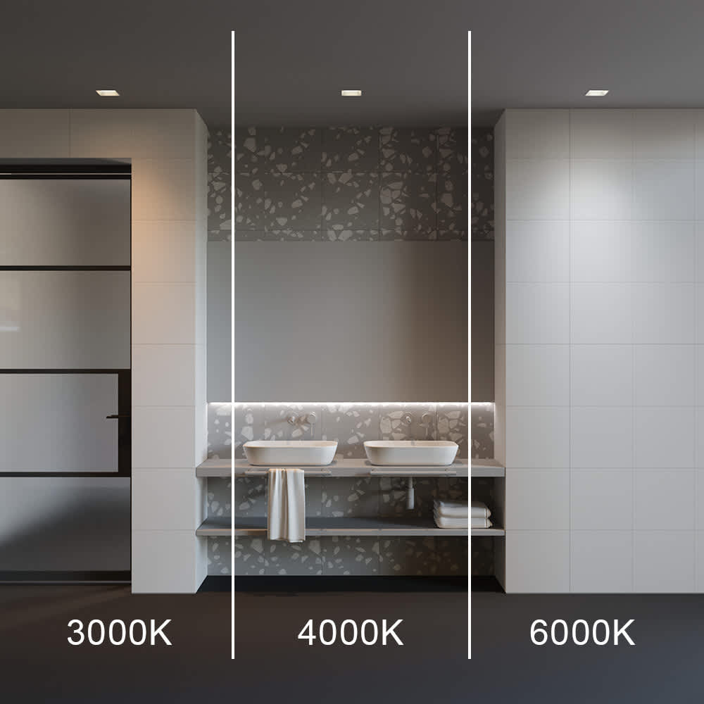 LED луна за вграждане Maytoni Okno DL056-12W3-4-6K-W, бяла, демонстрация на 3000K, 4000K и 6000K в интериор с квадратни луни
