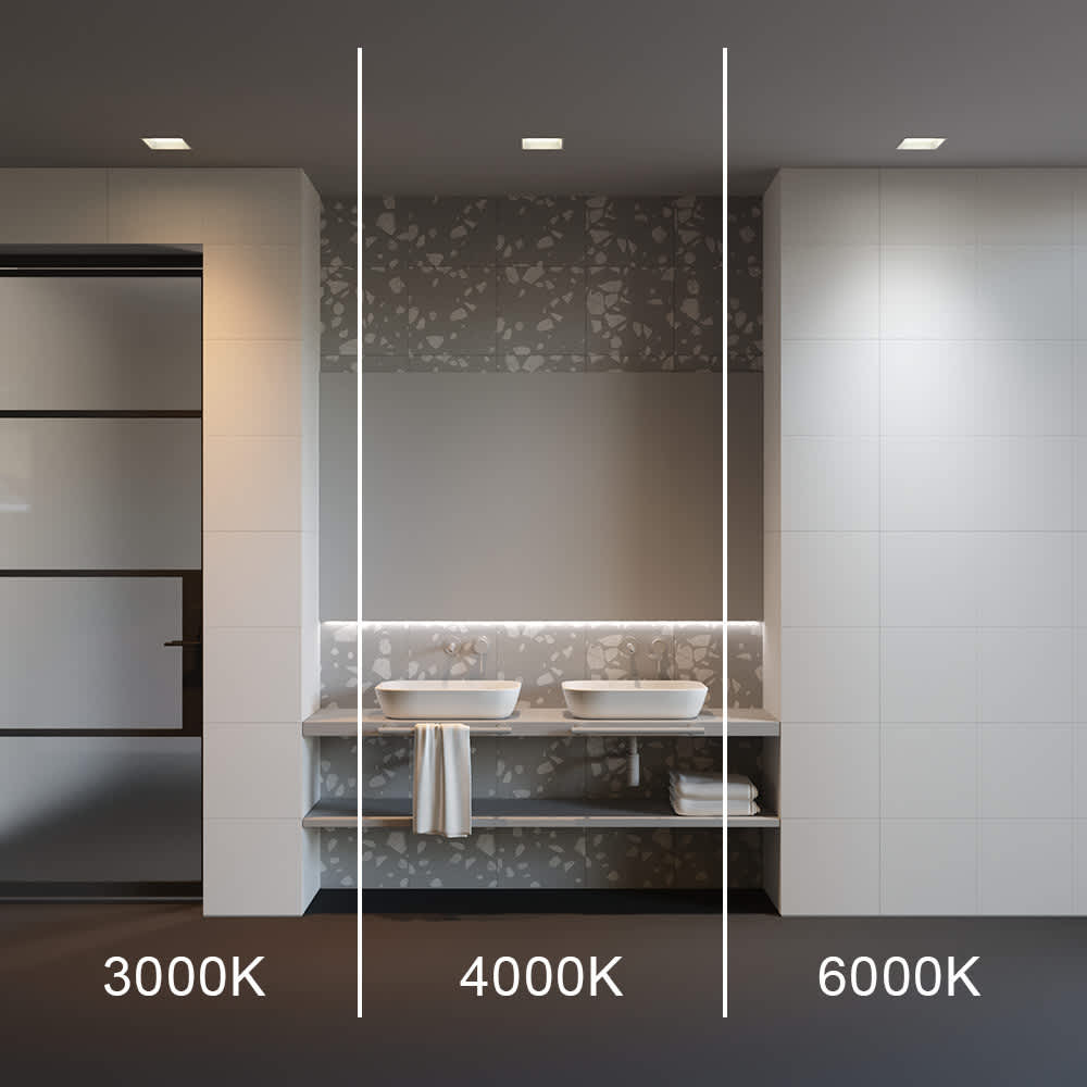 LED луна за вграждане Maytoni Okno DL056-18W3-4-6K-W, бяла, демонстрация на 3000K, 4000K и 6000K в интериор с квадратни луни