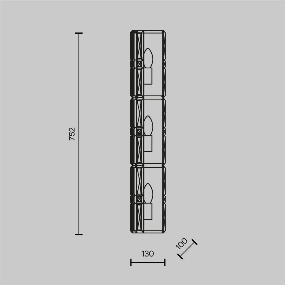 Схема на Maytoni Facet MOD094WL-03CH: височина 752 мм, ширина 130 мм и отстояние от стената 100 мм