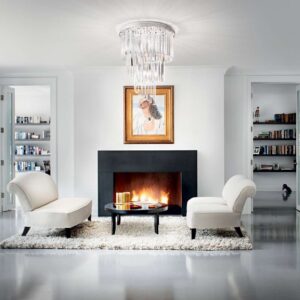 Ideal Lux Carlton PL12 - интериор с хромирания вариант Интериор с хромирания плафон Ideal Lux Carlton PL12 с диаметър 50 см в дневна с камина