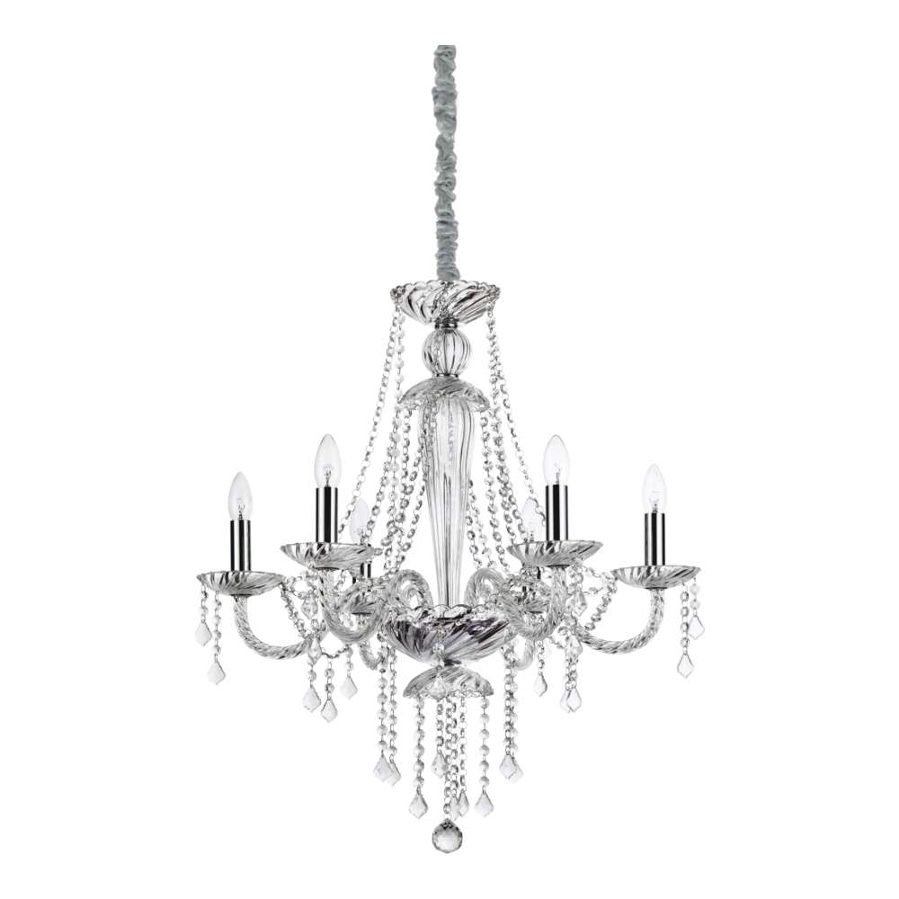 Кристален полилей Ideal Lux Amadeus SP6 168753 с шест рамена, хромирана рамка и кристални висулки