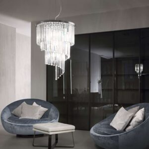 Интериор с хромирания полилей Ideal Lux Carlton SP12 с диаметър 50 см над зона за сядане