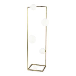 Лампионът Ideal Lux Angolo PT5 284354 има висока метална рамка с месингово покритие и пет сфери от матирано бяло стъкло