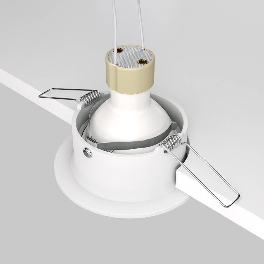 Луна за вграждане Maytoni Slim DL027-2-01W GU10 Ø8,5 см бяла - заден изглед с фасунгата и закрепването