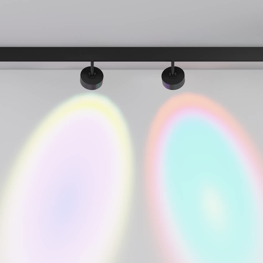 Черен магнитен LED спот Maytoni Lens TR217-4-15WTW-DD-B, пример с включените холографски филтри
