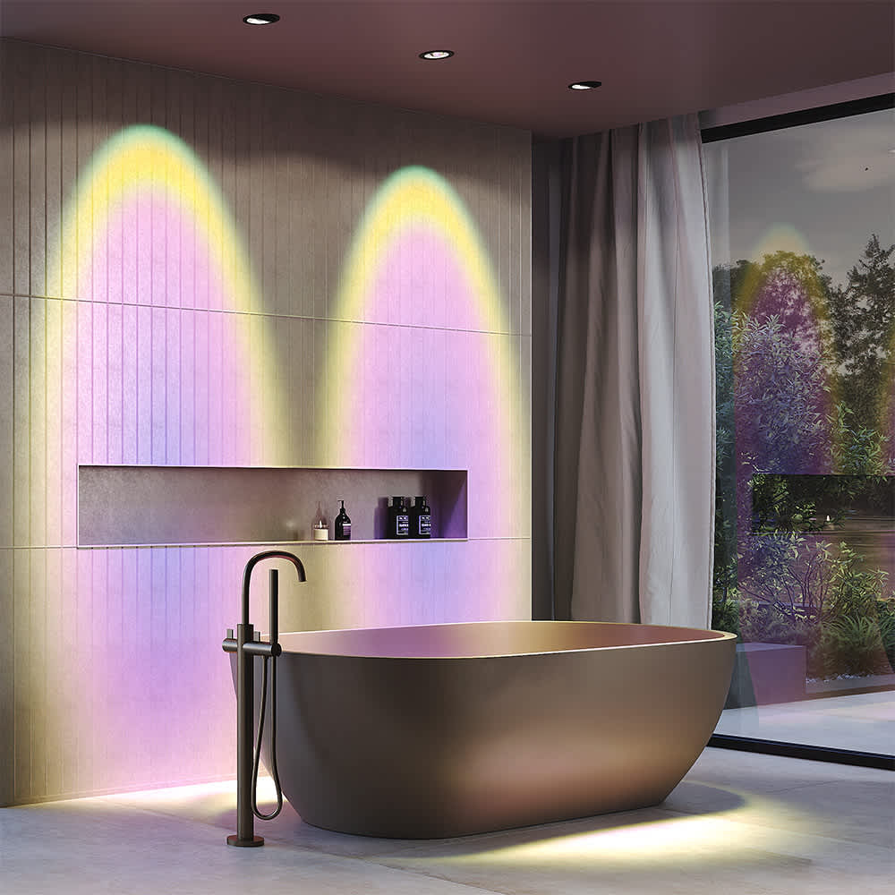 Черна LED луна Maytoni Lens DL105-12W3K-B, интериорен пример с холографски филтри