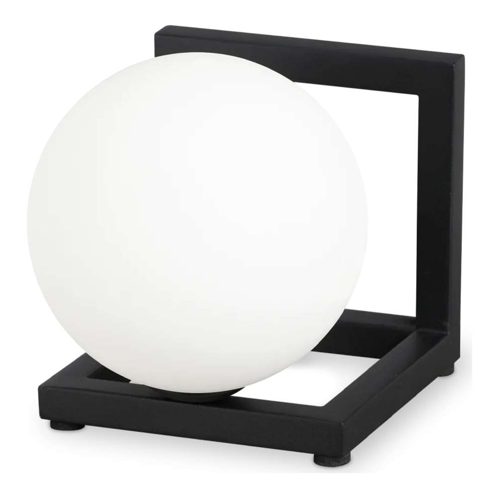 Angolo TL1 284316 на Ideal Lux е черна настолна лампа с метална рамка и бял стъклен дифузер