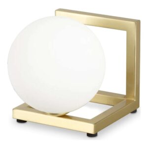 Настолната лампа Ideal Lux Angolo TL1 284361 съчетава метална рамка с месингово покритие и сферичен дифузер от матирано бяло стъкло