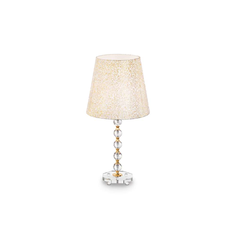 Настолна лампа Ideal Lux Queen TL1 Big 077758 с кристална основа и бяло-златист абажур на бял фон