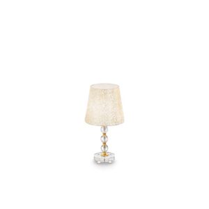 Настолна лампа Ideal Lux Queen TL1 Medium 077741 с кристална основа и бяло-златист абажур на бял фон