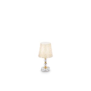 Настолна лампа Ideal Lux Queen TL1 Small 077734 с кристална основа и бяло-златист абажур на бял фон