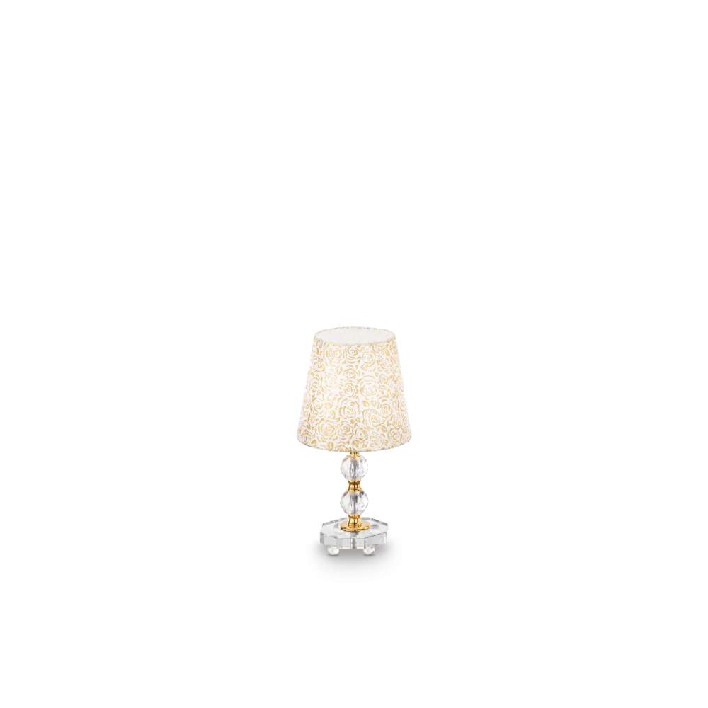 Настолна лампа Ideal Lux Queen TL1 Small 077734 с кристална основа и бяло-златист абажур на бял фон