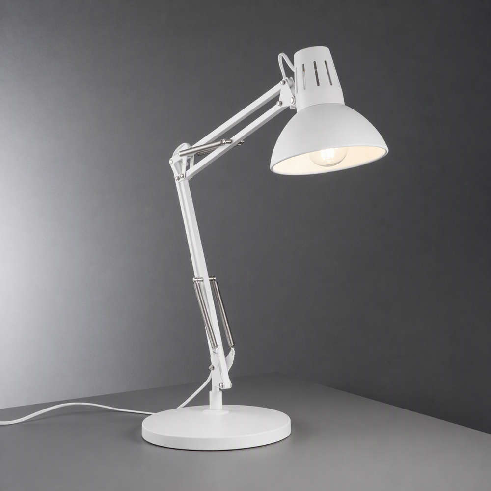 Бяла настолна лампа Ideal Lux Wally TL1 върху бюро