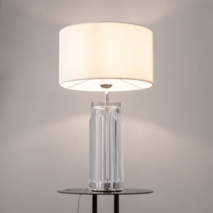 Настолна лампа Maytoni Muse MOD304TL-01CH с прозрачно релефно стъкло, метал в цвят хром и бял текстилен абажур