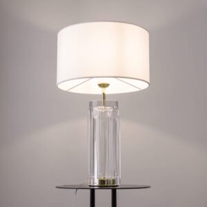 Настолна лампа Maytoni Muse MOD304TL-01G с прозрачно релефно стъкло, метал в цвят злато и бял текстилен абажур