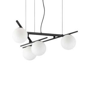 Пендел Ideal Lux Atlas SP4 NERO 365091 с черен цвят на металните рамена и 4 бели стъклени сфери