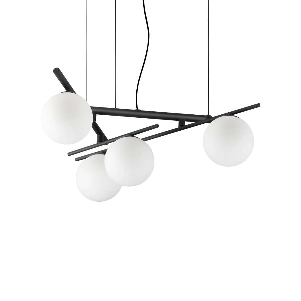 Пендел Ideal Lux Atlas SP4 NERO 365091 с черен цвят на металните рамена и 4 бели стъклени сфери