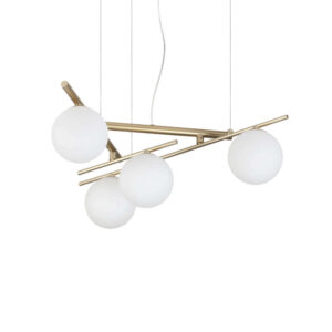 Пендел Ideal Lux Atlas SP4 ORO 365107 с златист цвят на металните рамена и 4 бели стъклени сфери
