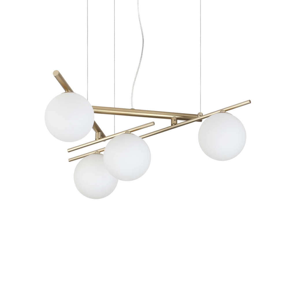 Пендел Ideal Lux Atlas SP4 ORO 365107 с златист цвят на металните рамена и 4 бели стъклени сфери