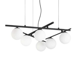Пендел Ideal Lux Atlas SP6 NERO 365114 с черен цвят на металните рамена и 6 бели стъклени сфери
