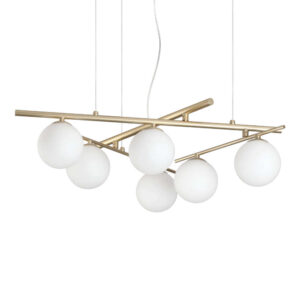 Пендел Ideal Lux Atlas SP6 ORO 365121 с златист цвят на металните рамена и 6 бели стъклени сфери