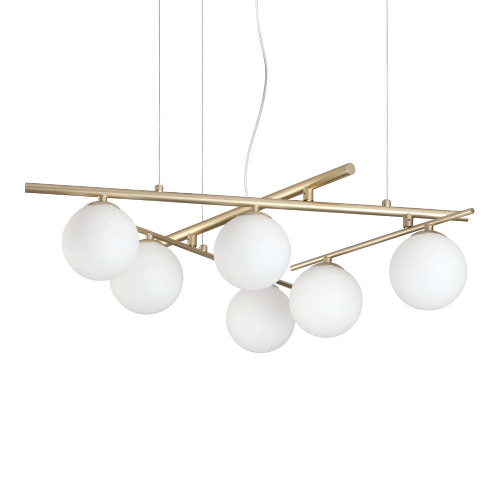 Пендел Ideal Lux Atlas SP6 ORO 365121 с златист цвят на металните рамена и 6 бели стъклени сфери
