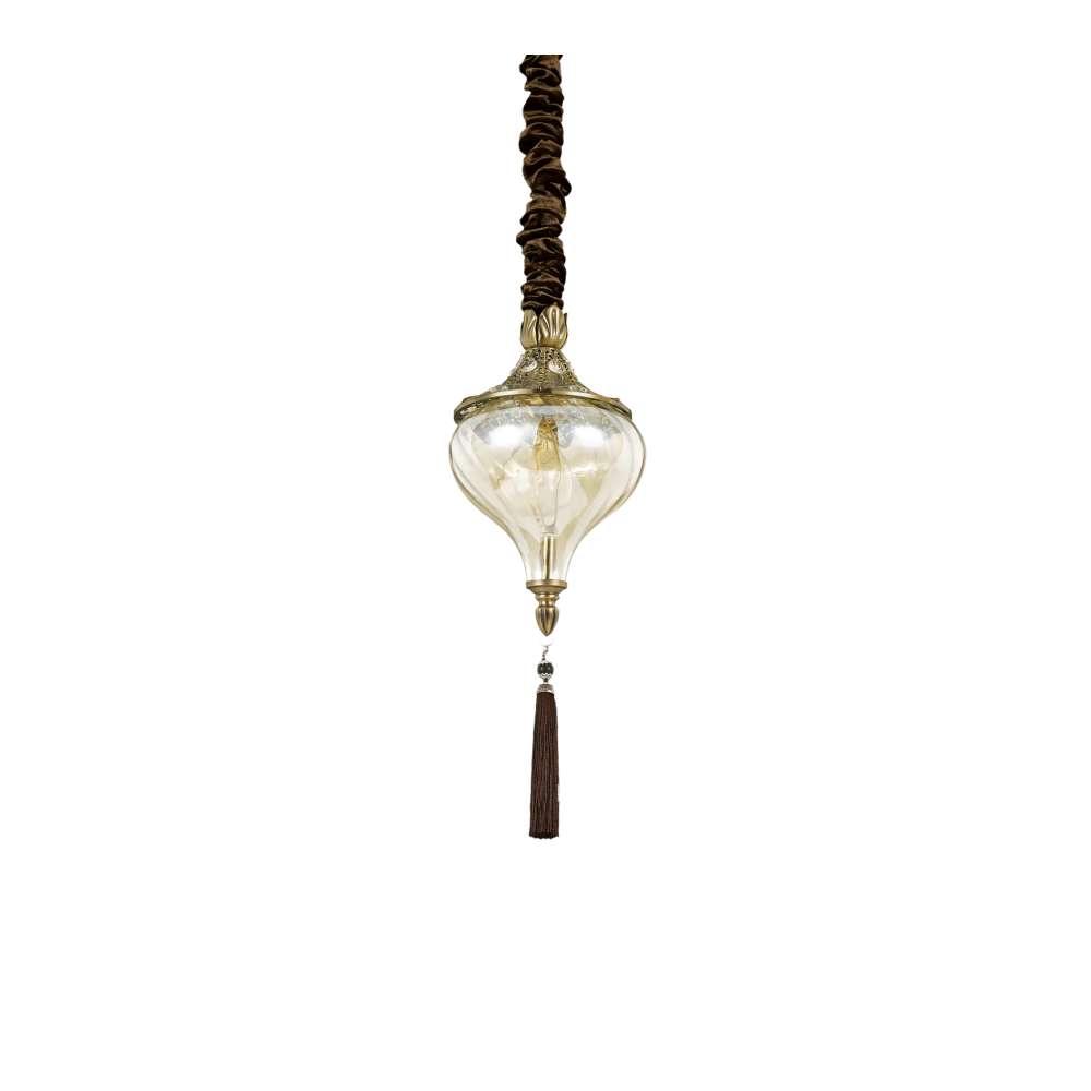 Пендел Ideal Lux Harem SP1 115979 в месингов цвят с кехлибарено стъкло и пискюли на бял фон